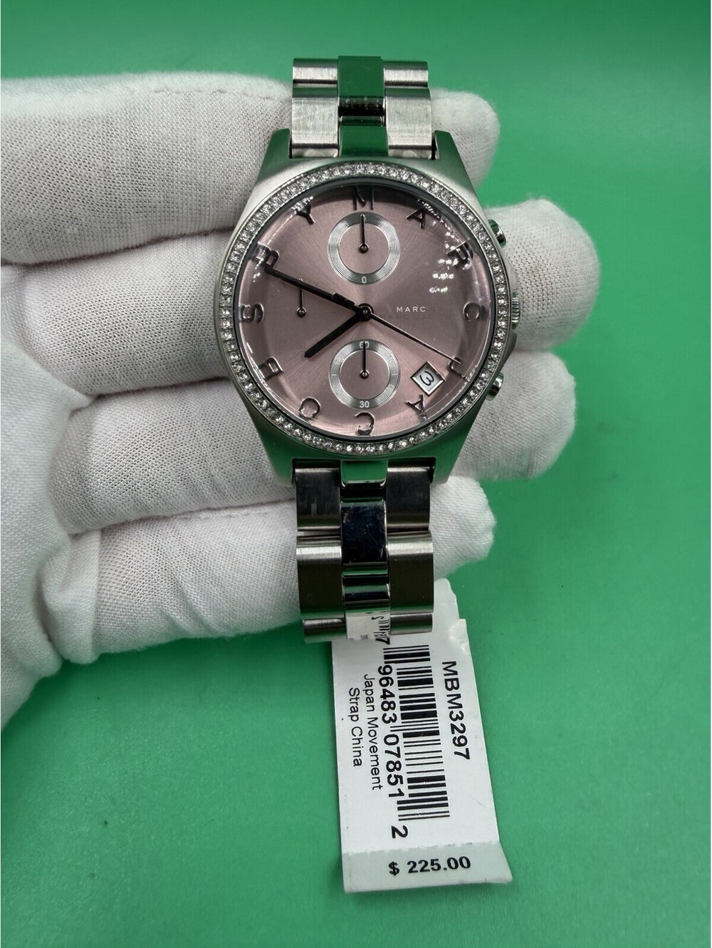 MARC JACOBS HENRY POLISHED SILVER TONE,CRYSTAL,MAUVE,PINK DIAL WATCH MBM3297